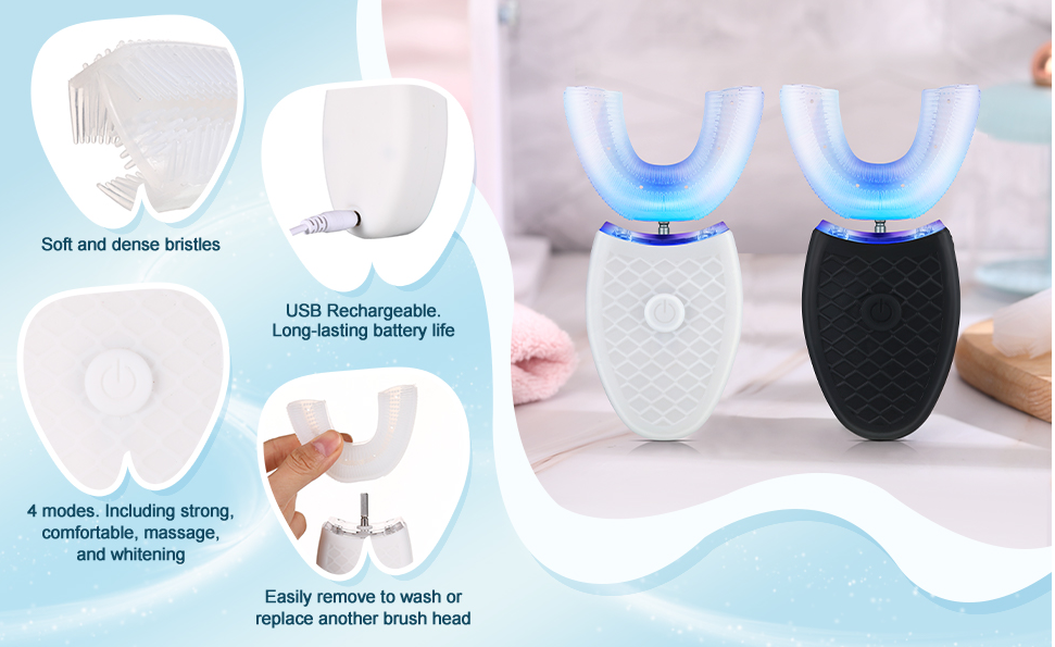 360° Automatic U-Shaped Electric Toothbrush – Rechargeable Waterproof Silicone Toothbrush for Kids & Adults